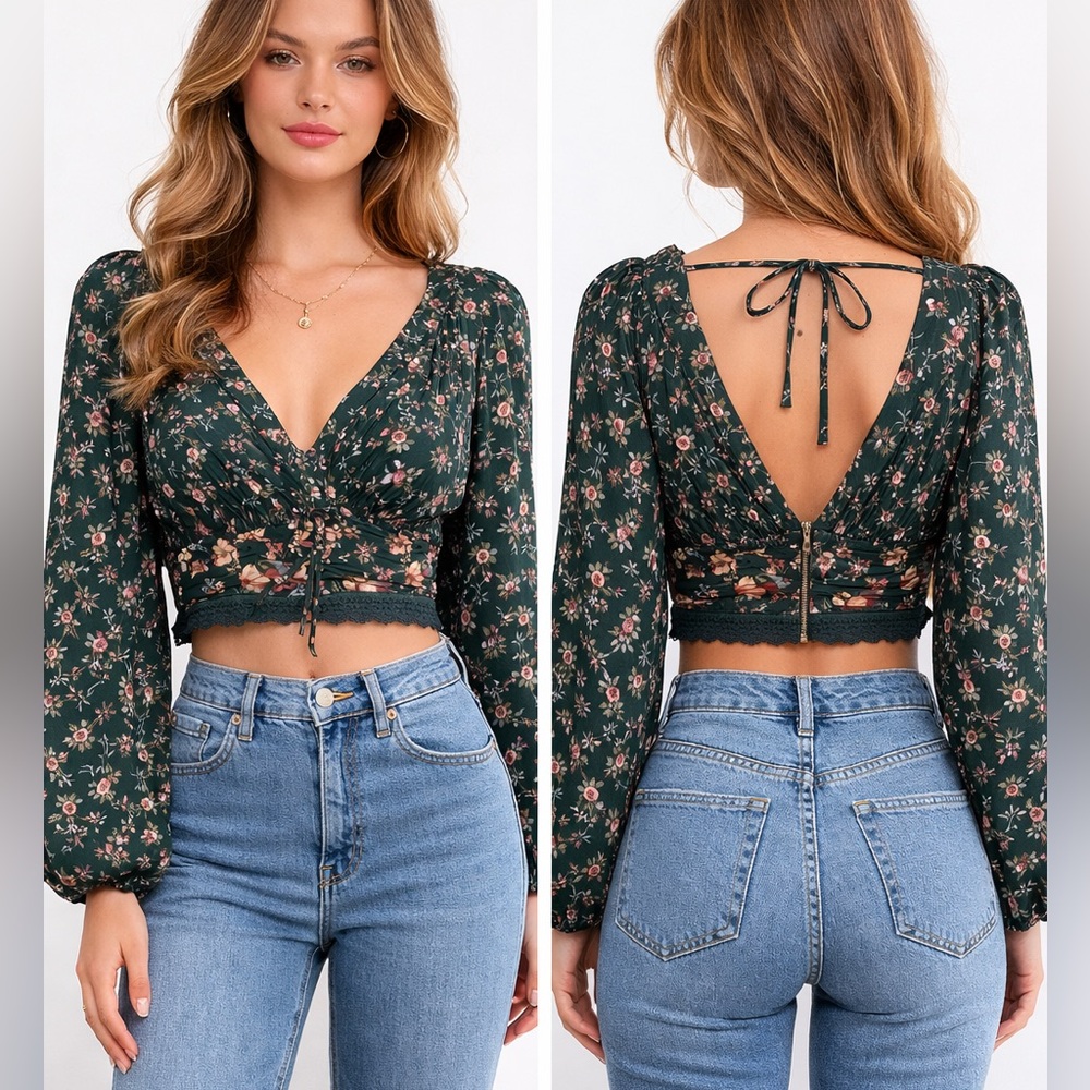 Altar'd State Green Floral Puff Sleeve Crop Peasant Blouse Women’s Size M NWT
